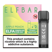 Elf Bar Elfa prefilled pod in Apple Peach flavor, blending crisp apples with juicy peaches for a sweet and refreshing vape, designed for use with the Elf Bar Elfa device and available in a 2ml twin pack for long‑lasting enjoyment.